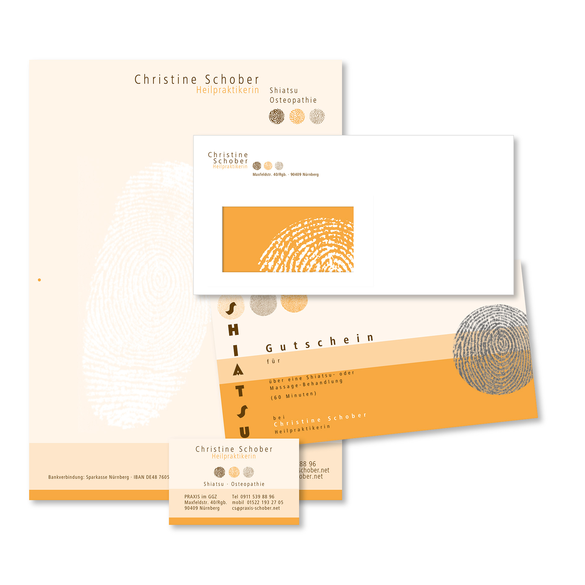Briefbogen, Visitenkarten, Gutscheine, Briefkuvert, Flyer für Heilpraktikerin