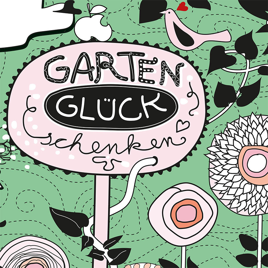 Karte: GARTENGLÜCK, digitale Zeichnung mit Blumen und Blüten in zarten Farben und Schwarz, Ausschnitt