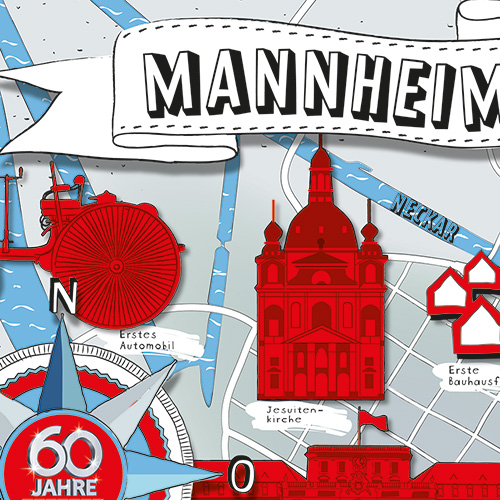 Stadtplan Mannheim, anlässlich 60 Jahre Bauhaus, digitale Illustration, Ausschnitt